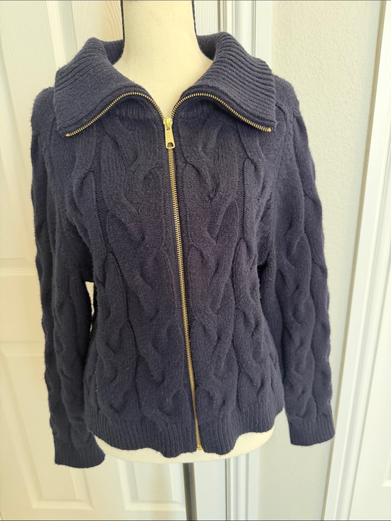 Talbots Sweaters - Talbots Navy Cable-Knit Zip Front Cardigan